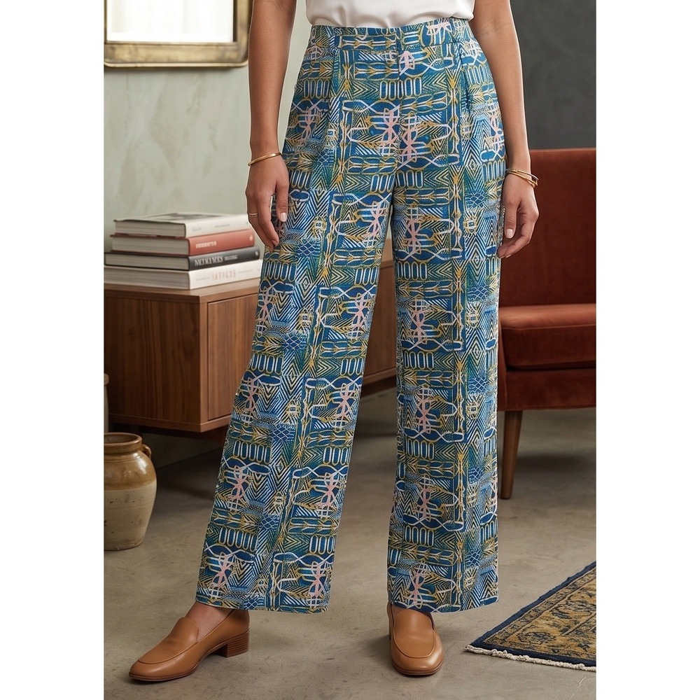 BCBGMAXAZRIA Geometric Abstract Print Trousers Women's L Wide Leg Casual Boho